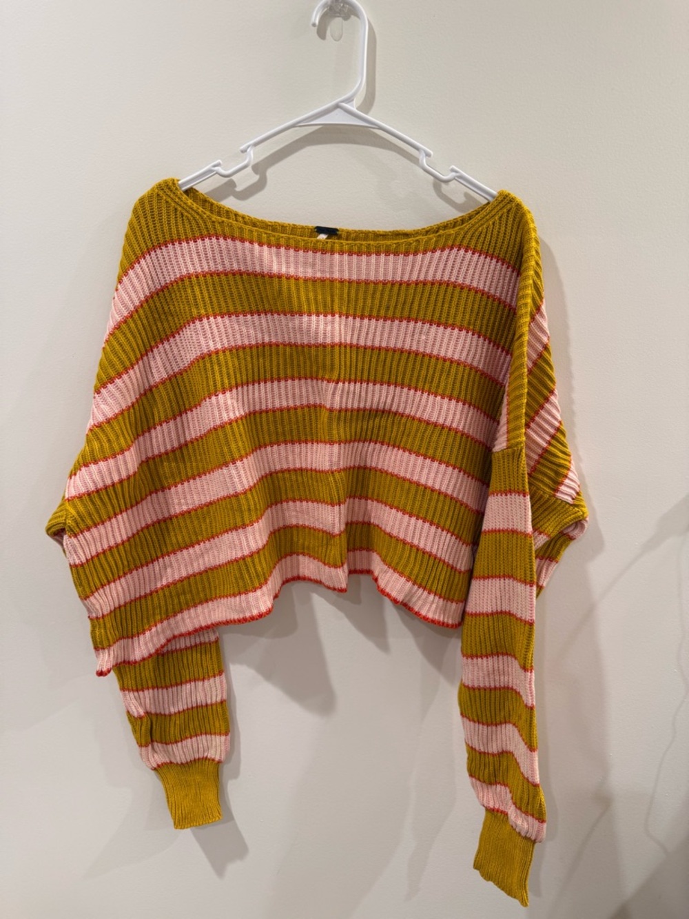 Free People Striped Off-the-Shoulder Cropped Sweater in Mustard and Pink
